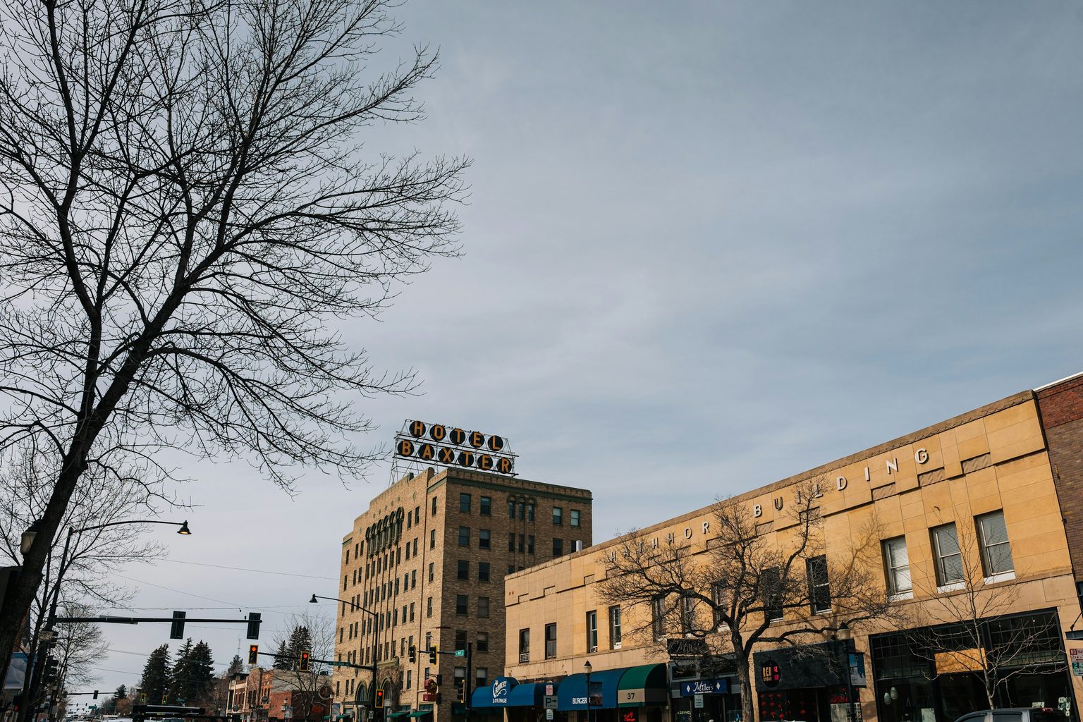 The Hotel Baxter sign above Main Street in downtown Bozeman, Montana