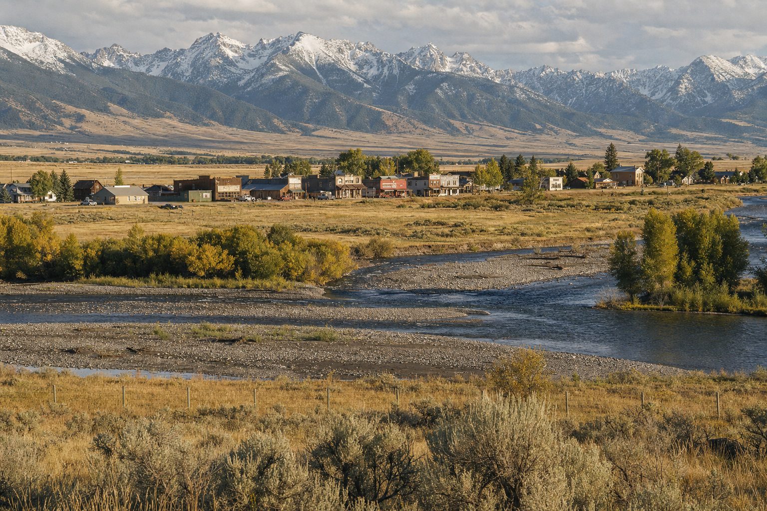 The braided Madison River running past open ranchland below the snow-capped Madison Range near Ennis, Montana