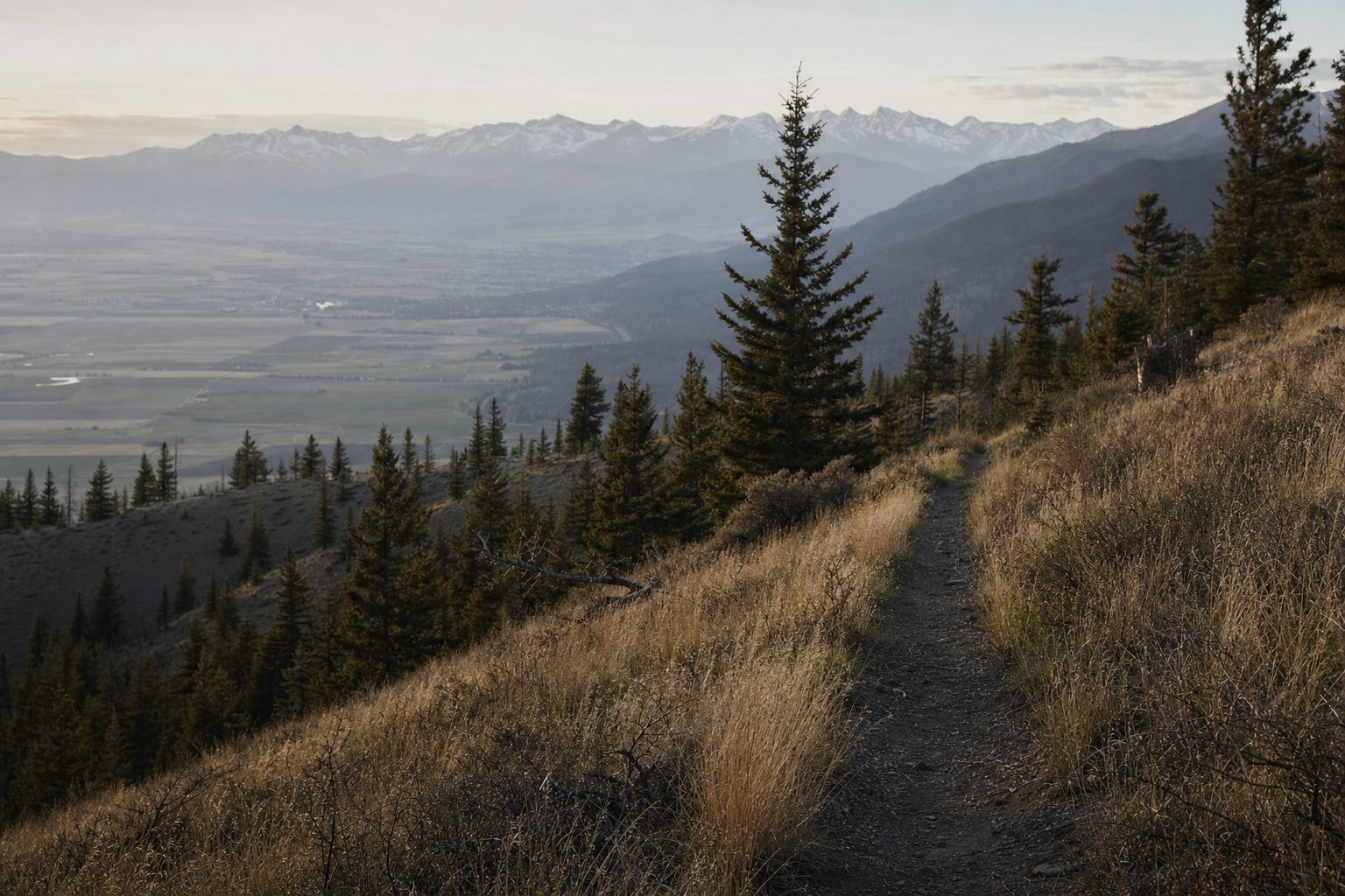 A trail through golden grass in the foothills above the Gallatin Valley