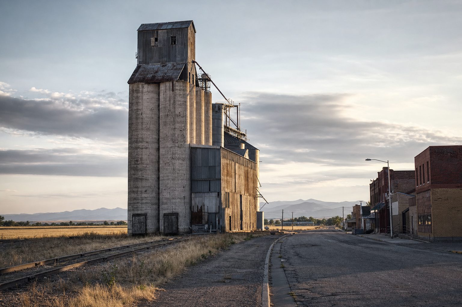A tall grain elevator beside railroad tracks at the edge of Manhattan, Montana's small main street
