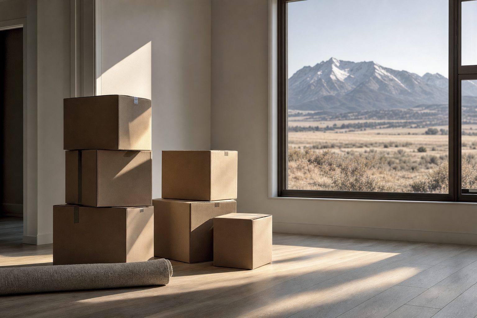 Moving boxes stacked in the front room of a Montana house