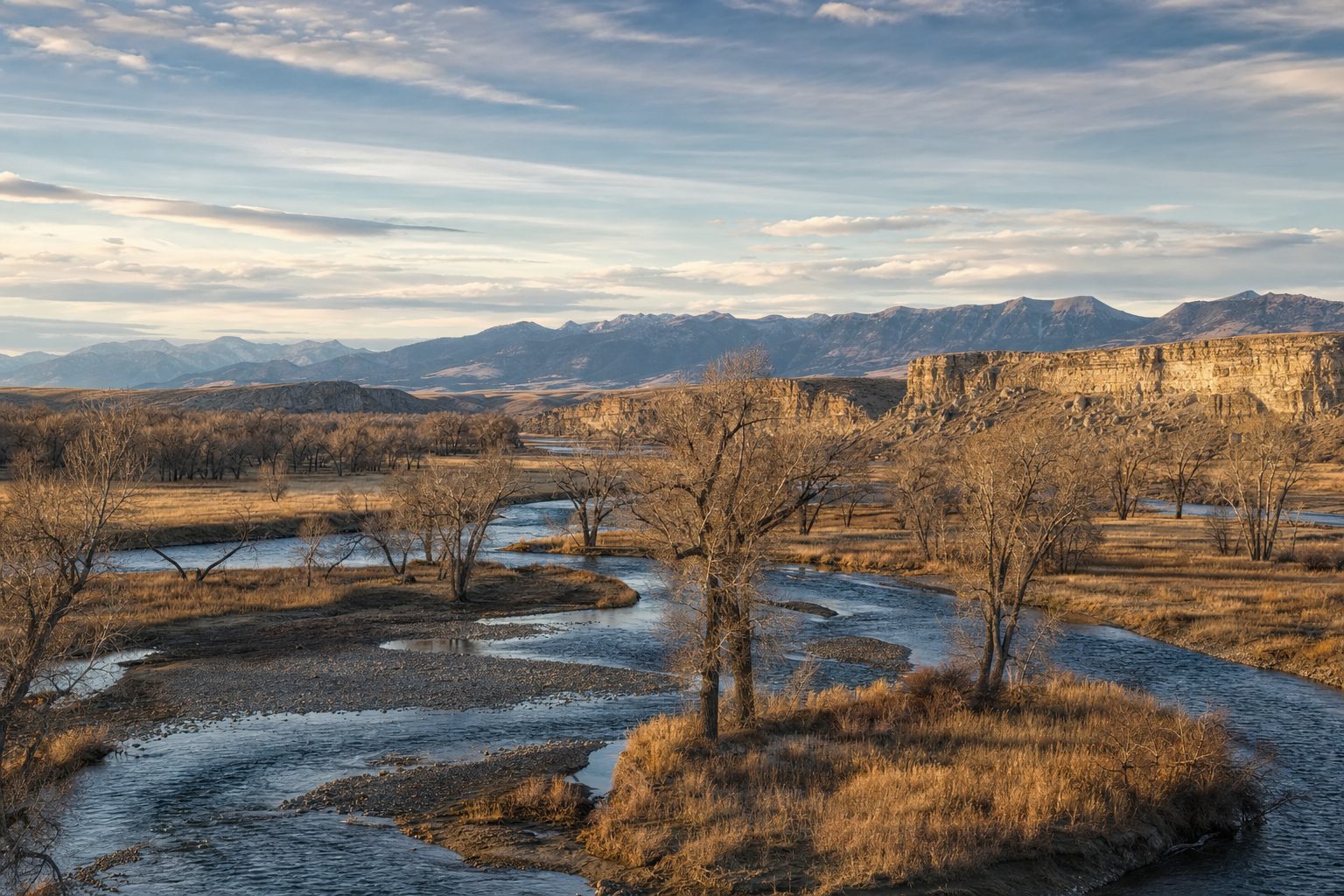 Braided river channels and bare cottonwoods at the Missouri Headwaters near Three Forks, Montana