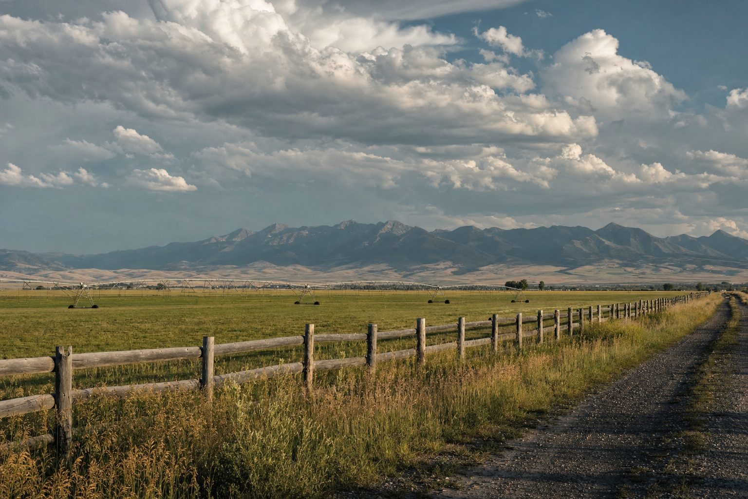 Irrigated hayfields on the Gallatin Valley floor with the mountain ranges beyond